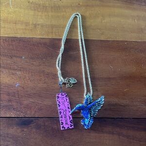 Betsey Johnson Gold Necklace with Blue and Purple Hummingbird Pendant